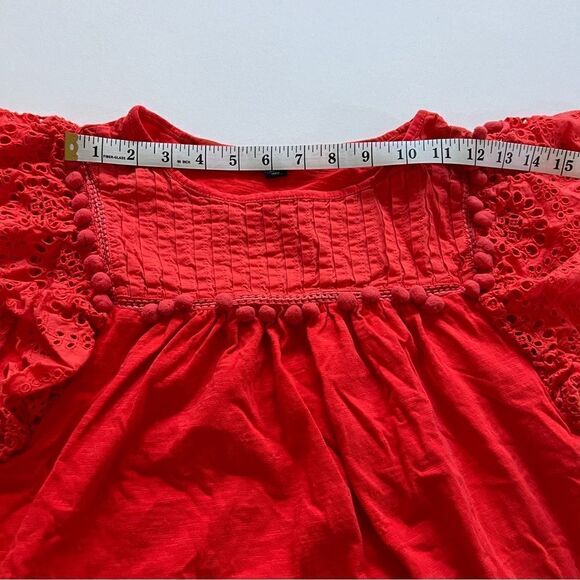 J.Crew Women Girls Eyelet Flutter-Sleeve Top with Pom-Pom Trim Orange Red Size S - Picture 5 of 7